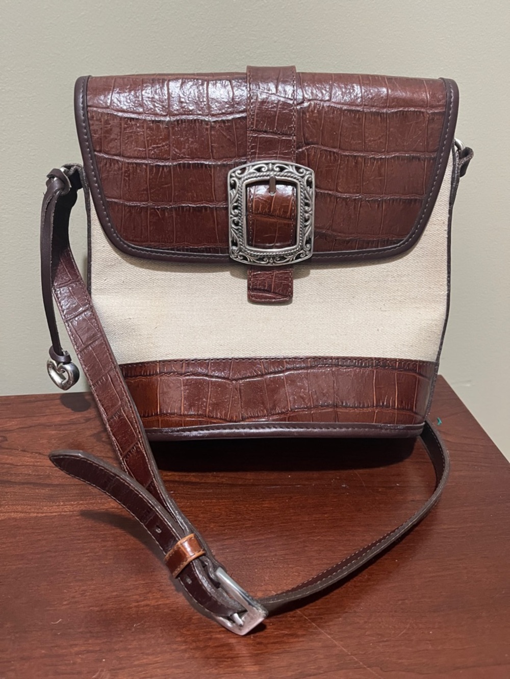 Brighton Brown Croc-Embossed Leather and Canvas Crossbody Bag